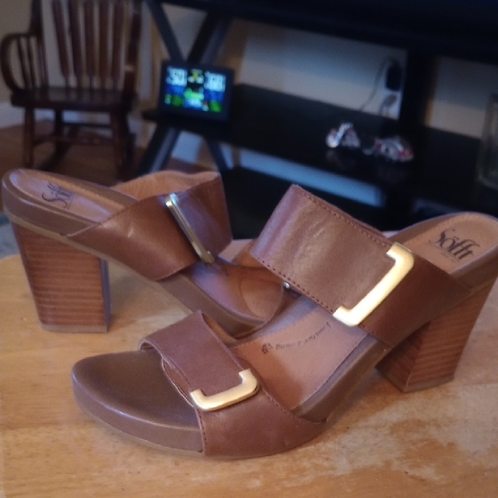 Sofft Brown Leather Block Heel Slide Sandals with Gold Buckle